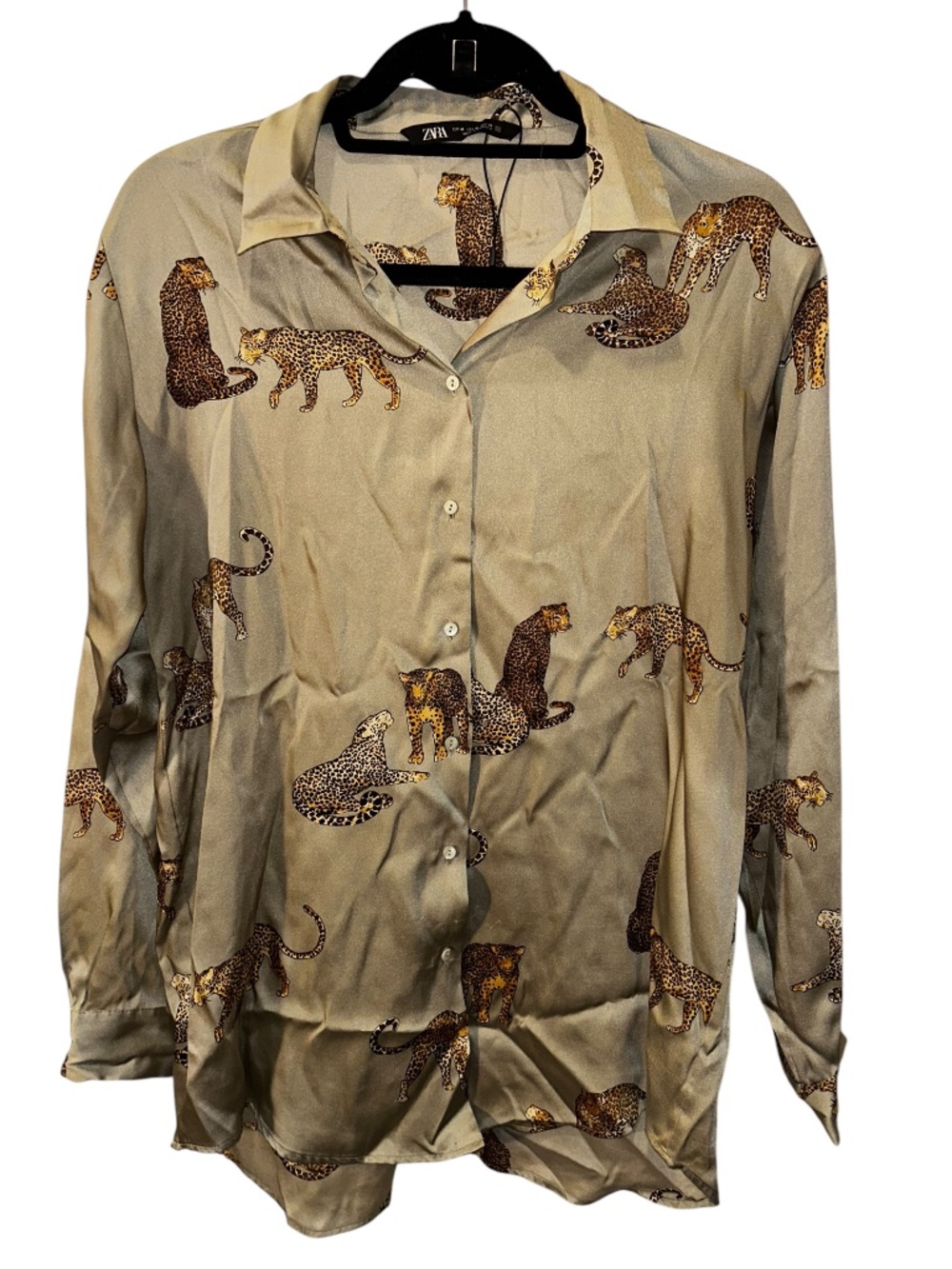 Zara NEW khaki leopard print button down blouse top M